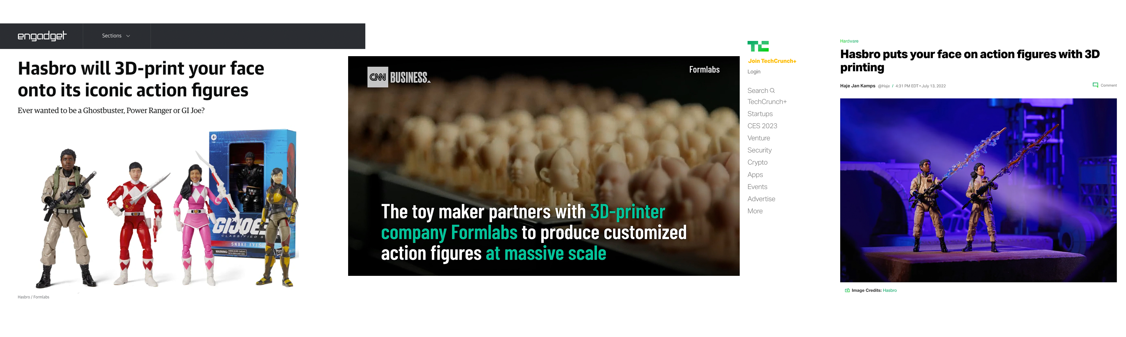 Three screen grabs of BIGfish client Formlabs collab with Hasbro featured in Engadget, CNN, and TechCrunch