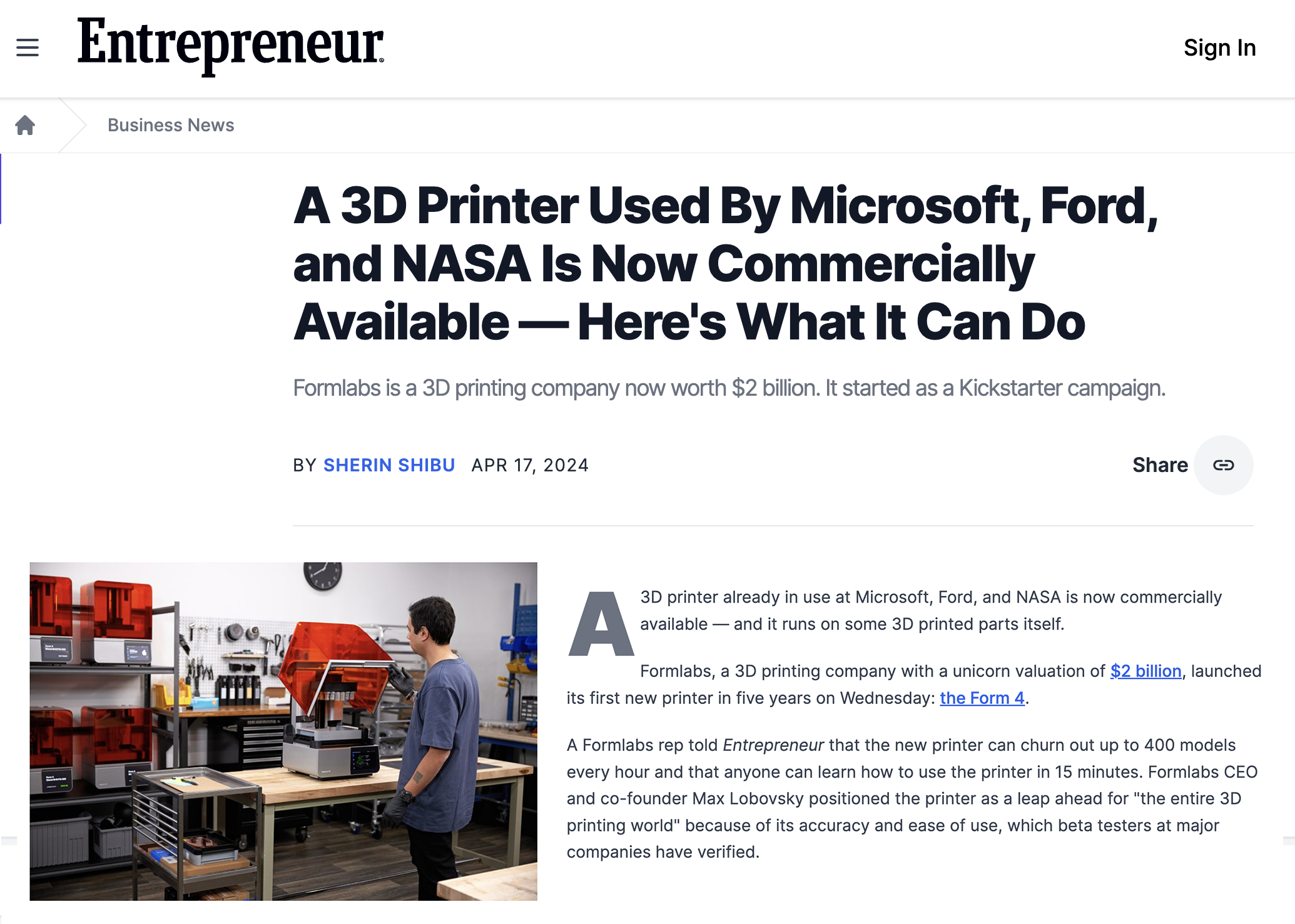 Formlabs Entrepreneur