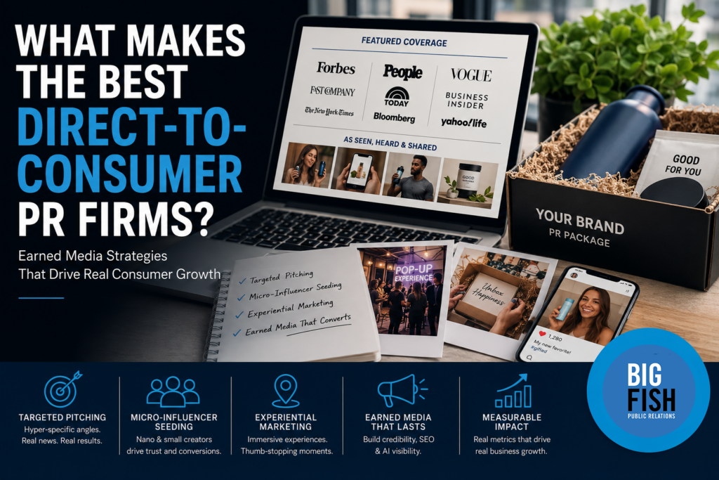 Bold headline about direct-to-consumer PR firms beside a laptop showing media logos and a 'Your Brand PR Package' box on a desk, conveying the page's purpose.