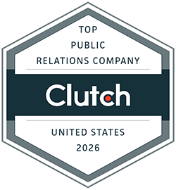 Clutch award badge: Top Public Relations Company, United States 2026, featuring the Clutch logo.