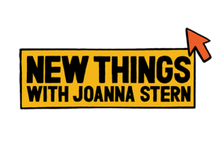 Logo for'New Things with Joanna Stern' with bold black text on an orange banner and an orange cursor in the top-right corner.
