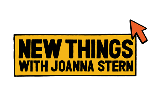 Logo for 'New Things with Joanna Stern' with bold black text on an orange banner and an orange cursor in the top-right corner.
