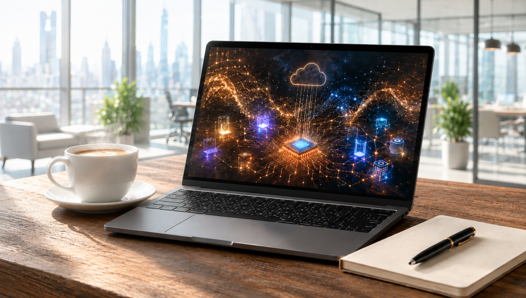 Laptop on a wooden desk in a bright office, screen shows neon data-network and cloud graphic indicating cloud computing.